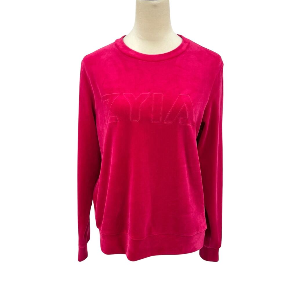 Zyia Active Fuschia Pink Soft Velour Velvet Spell Out Pullover Sweatshirt